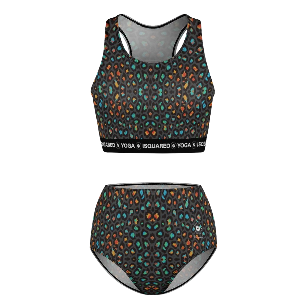 Hot Yoga Bikini Set featuring a bold leopard print with black, orange, and turquoise accents, designed for active wear.