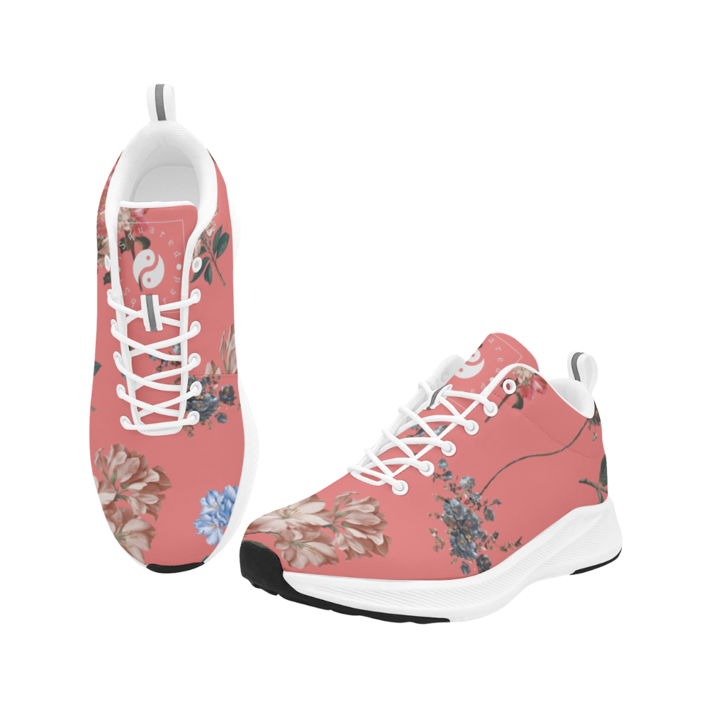 Botanicals iSquared Men Runners in vibrant coral, featuring floral patterns, white laces, and a sleek design.