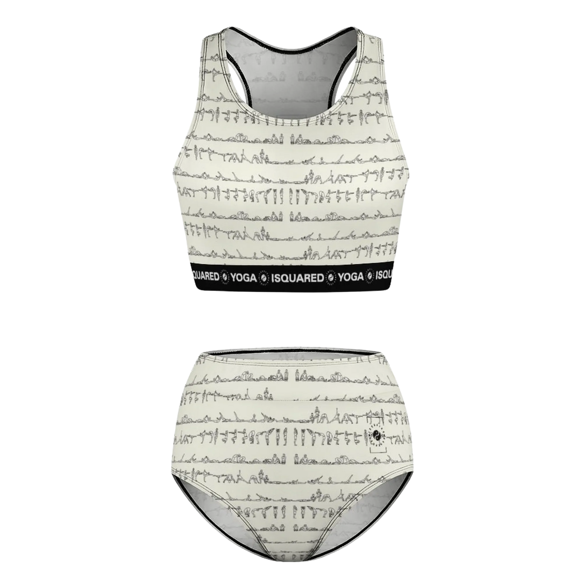 Bikram Series Hot Yoga Bikini Set featuring all-over printed yoga poses in neutral tones with a black waistband.