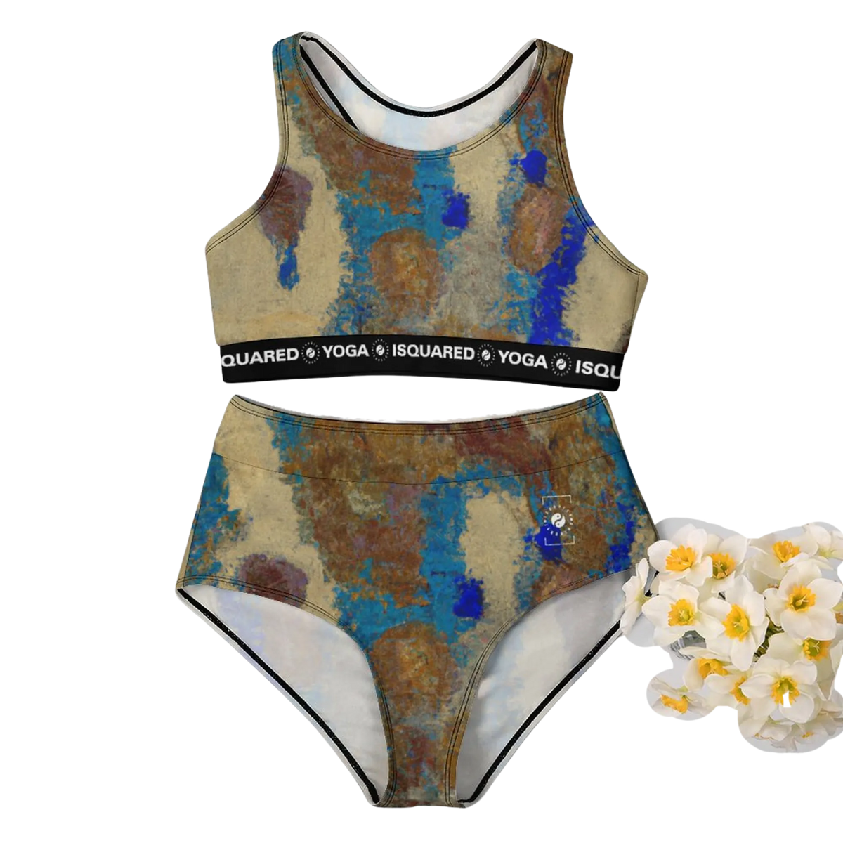 Hot Yoga Bikini Set featuring a blue and brown all-over print, with a black logo band on the top and high-waisted bottoms.