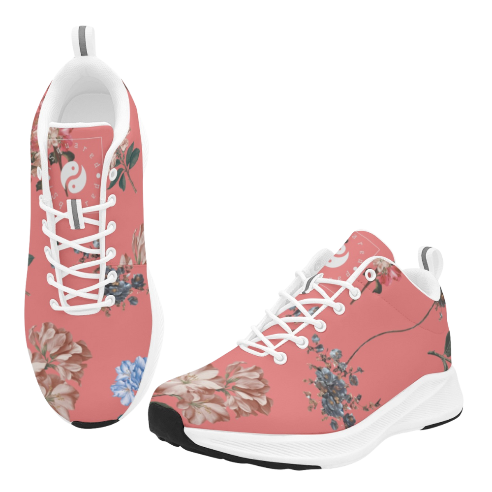 Botanicals - iSquared Women Runners in vibrant coral with floral patterns, white laces, and black rubber soles.