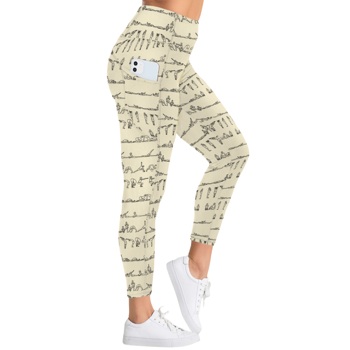 Bikram Pastel iSquared Pocket Leggings in cream with black yoga poses print, featuring a high-rise waistband and side pocket.
