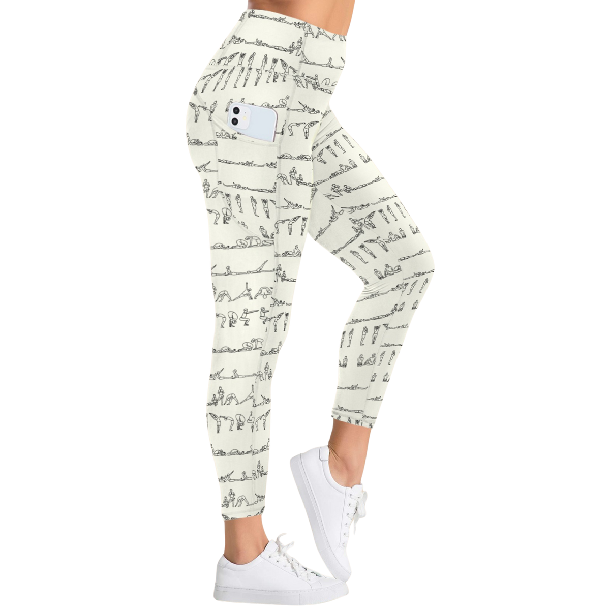 Bikram Series iSquared Pocket Leggings in light beige with a black yoga posture print, featuring a side pocket and high-rise fit.
