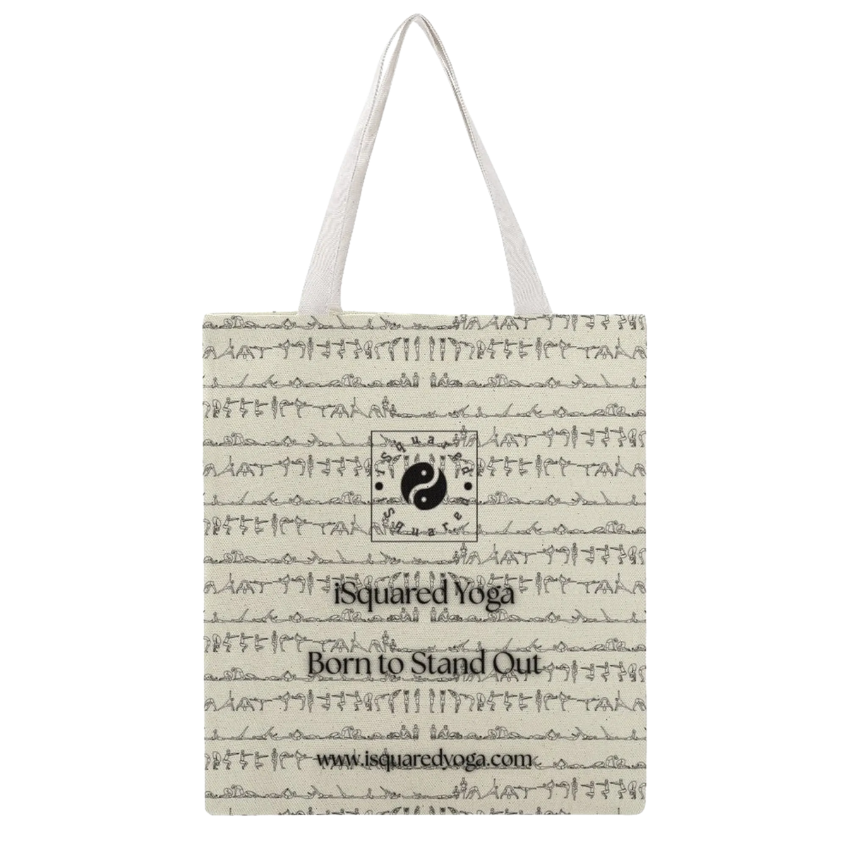 Canvas tote bag featuring a light beige background with a black print depicting yoga postures and the iSquared Yoga logo. White shoulder straps.