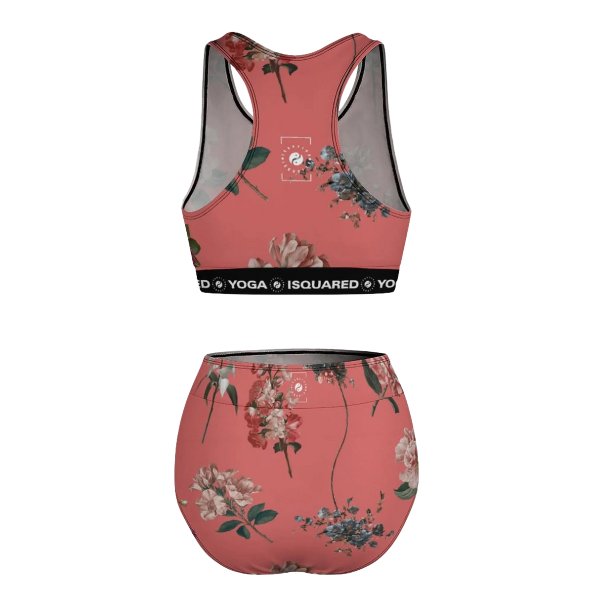 Hot Yoga Bikini Set featuring a floral print on a coral background, with a racerback design and a wide supportive band.