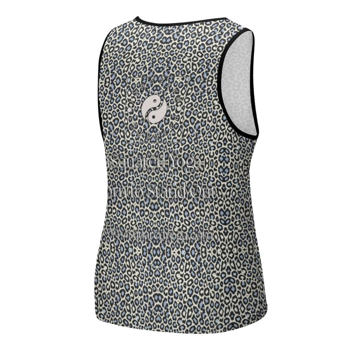 Sleeveless tank top featuring a wild leopard print in cream and navy, with a subtle logo on the back.