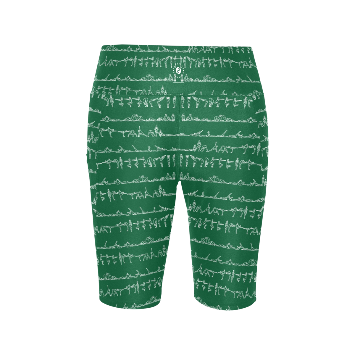 High-waisted green Bikram Ember iSquared Maureen Shorts with white yoga pose print, designed for comfort and flexibility.