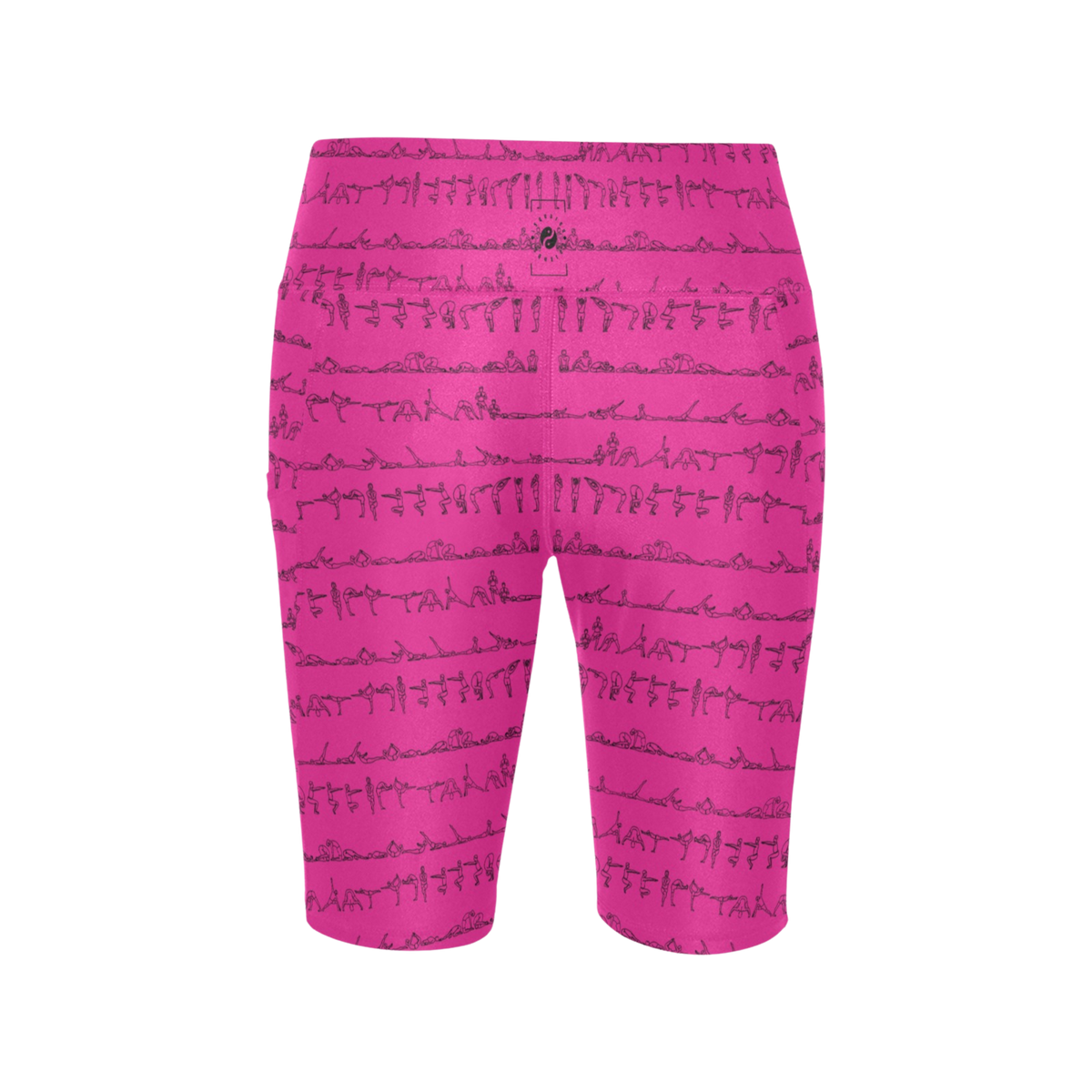 High-waisted biker-length shorts in bright pink featuring a graphic print of yoga poses. Ideal for active wear.