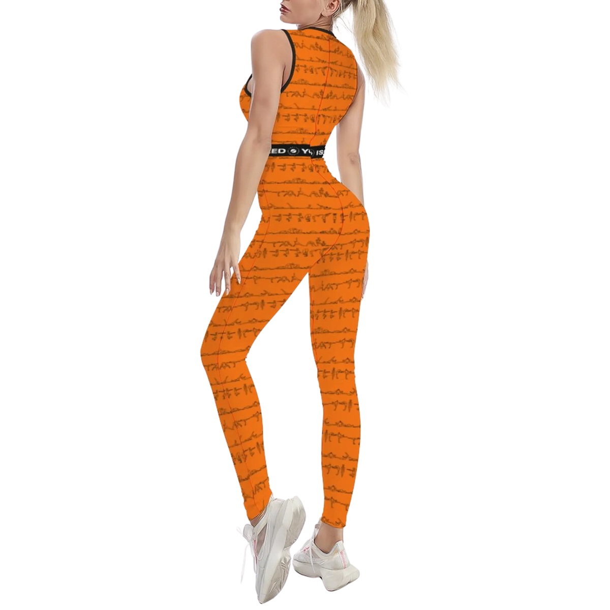 Sleeveless orange jumpsuit with black yoga posture print, fitted silhouette, worn with white sneakers.