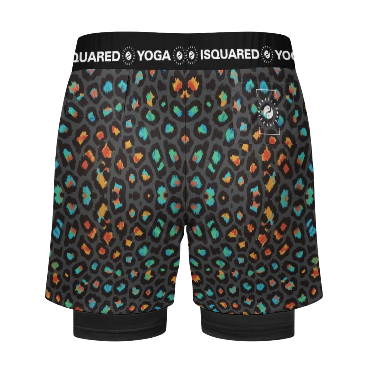 Dual-layer compression shorts featuring a vibrant black leopard print with multicolored spots and an elastic waistband.