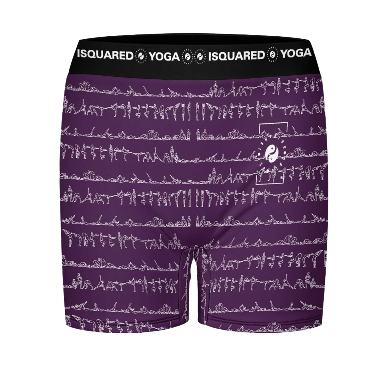 Bikram Ember iSquared Yoga Shorts in deep purple with white yoga pose graphics and a wide black elastic waistband.