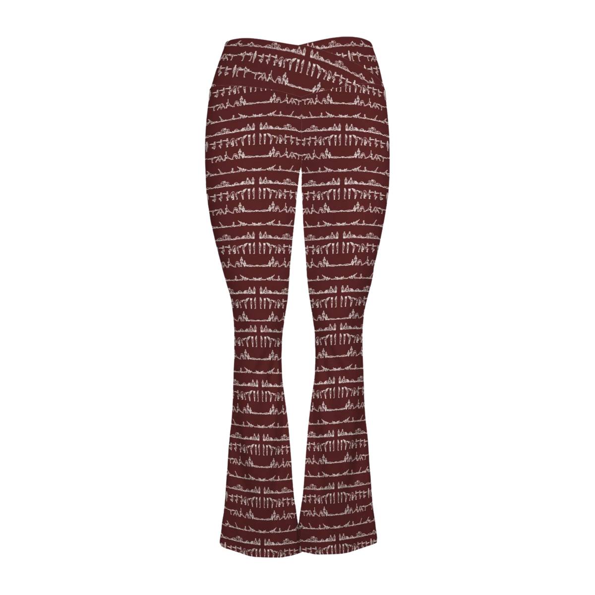Bikram Ember Cross Waisted Flair Leggings in burgundy with white yoga-inspired pattern and flattering flare silhouette.