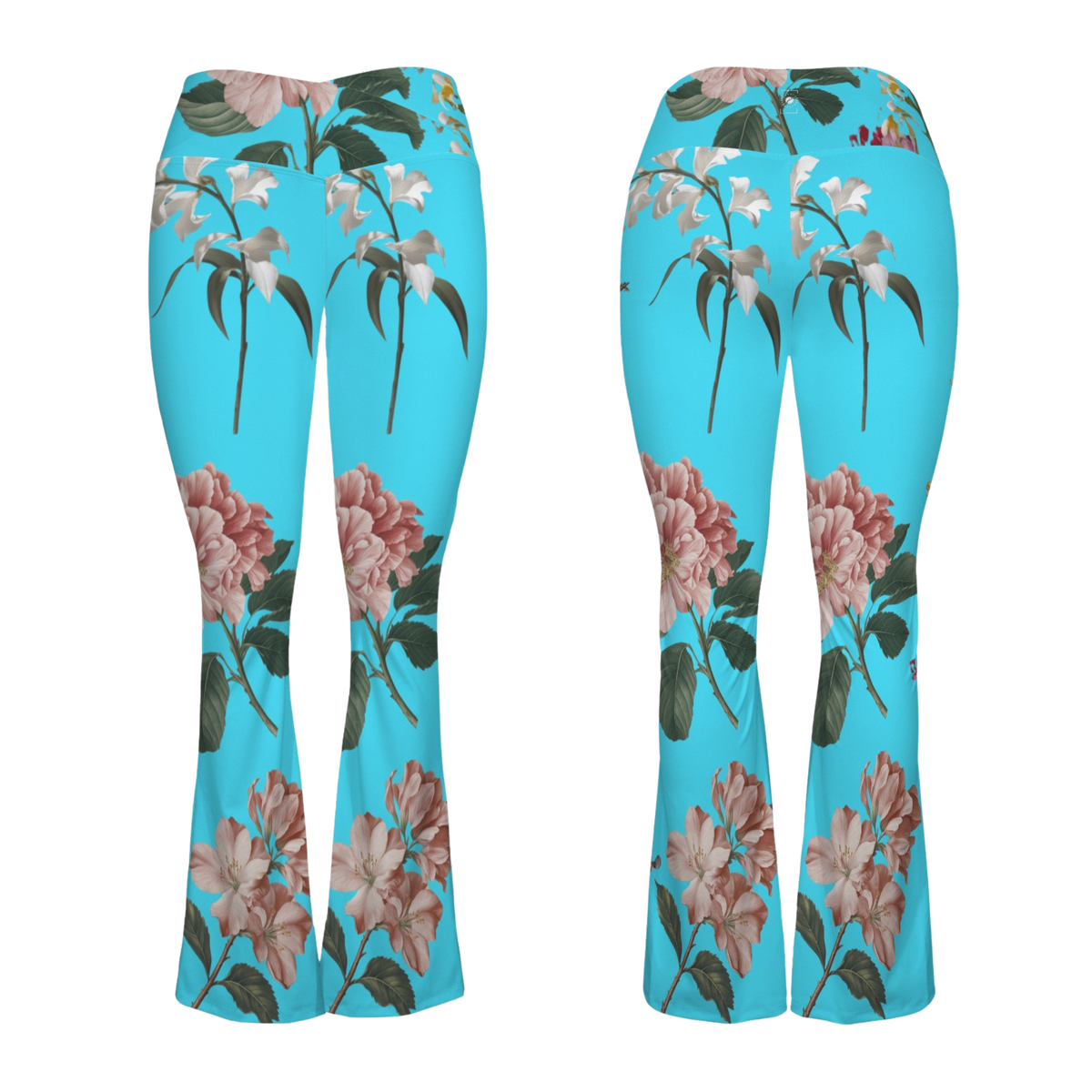 Flare leggings featuring a vibrant turquoise background adorned with large floral prints in pink and green.