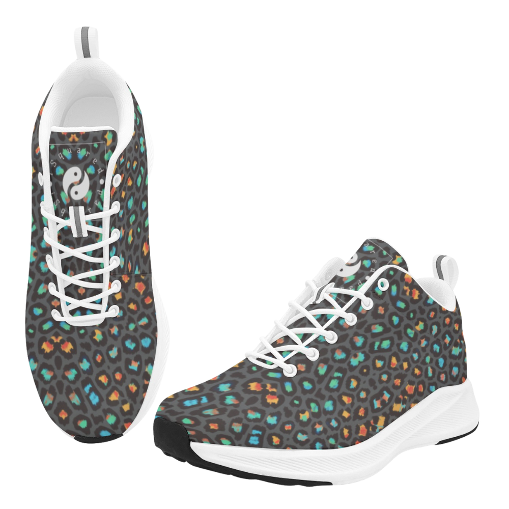 Wild Leopards – iSquared Women Runners feature a striking black base with colorful leopard spots in orange, teal, and blue accents.