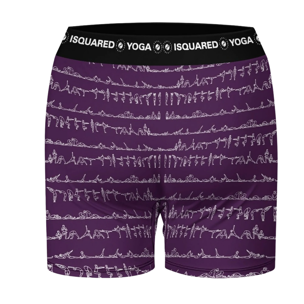 Purple iSquared Yoga Shorts featuring a white yoga pose pattern, with a wide black waistband that displays the brand name.