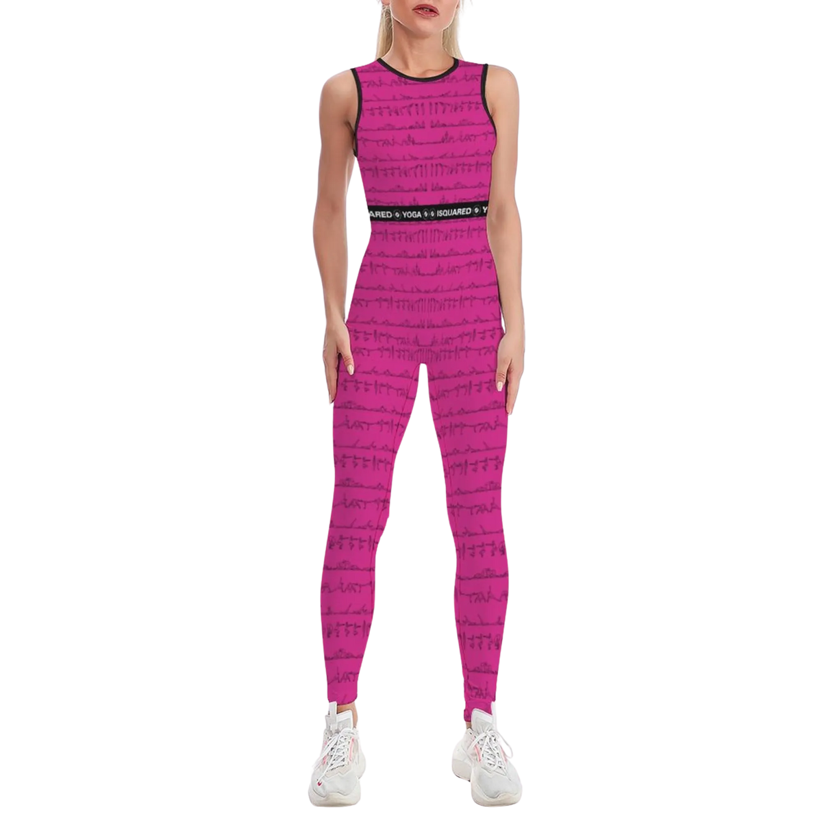 Sleeveless pink jumpsuit with an all-over print featuring yoga poses, paired with white athletic shoes.
