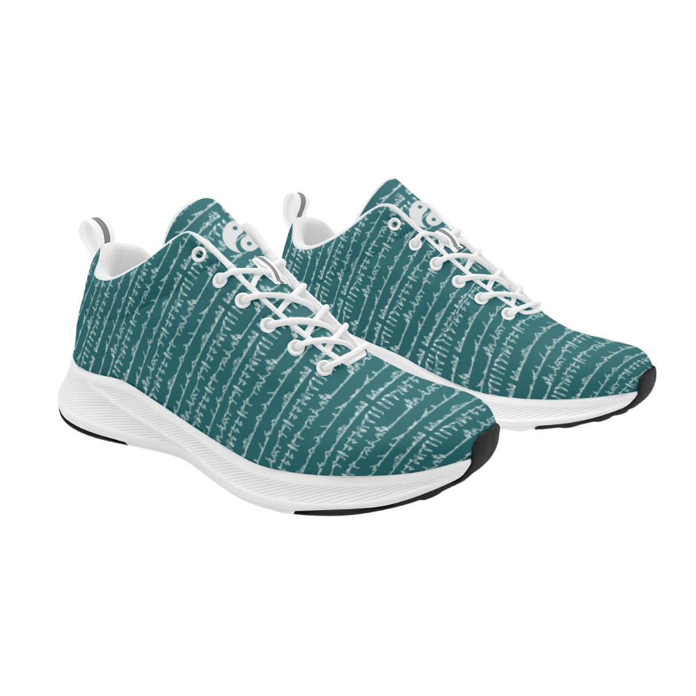 Bikram Ember iSquared Men Runners in teal with white abstract pattern, featuring a breathable faux suede upper and white sole.