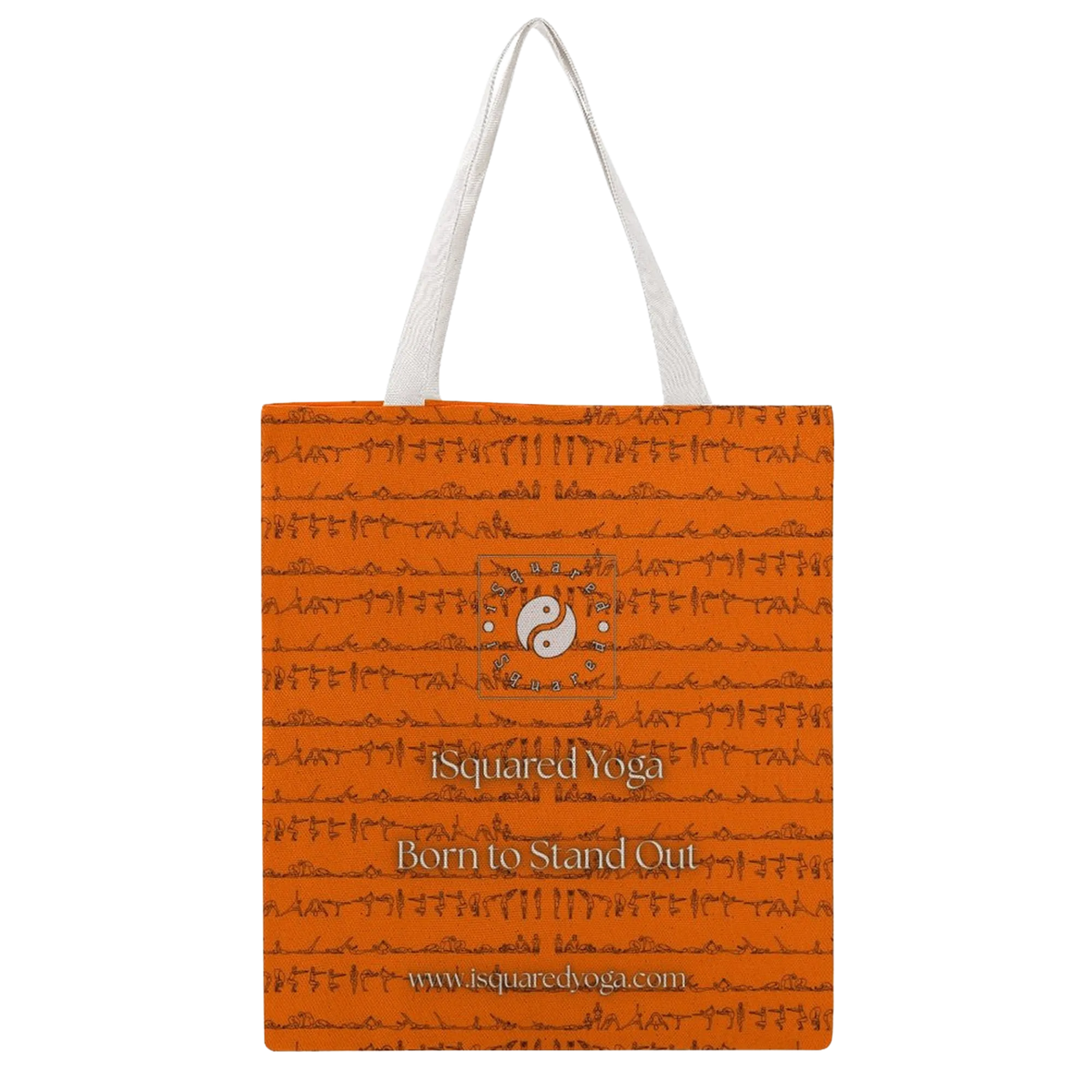 Orange tote bag featuring a double-sided print of yoga postures and the iSquared Yoga logo, with white shoulder straps.