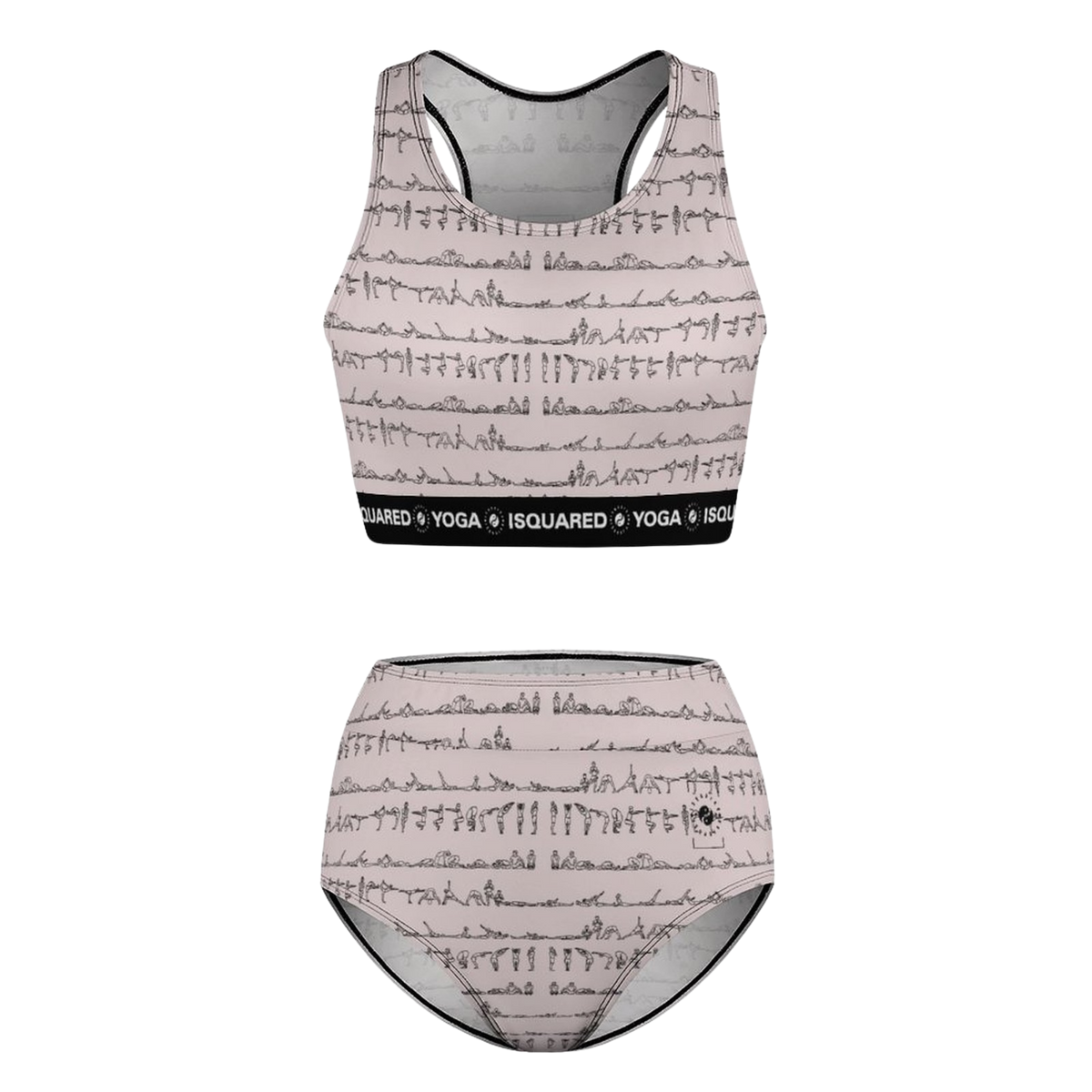 Bikram Pastel hot yoga bikini set in soft pink with black yoga silhouette print, featuring a supportive crop top and high-waisted bottoms.