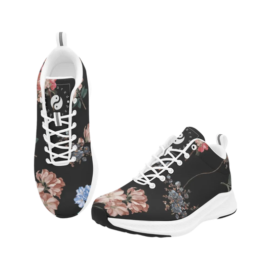 Black floral iSquared Men Runners featuring a breathable faux suede upper, white laces, and a cushioned sole.