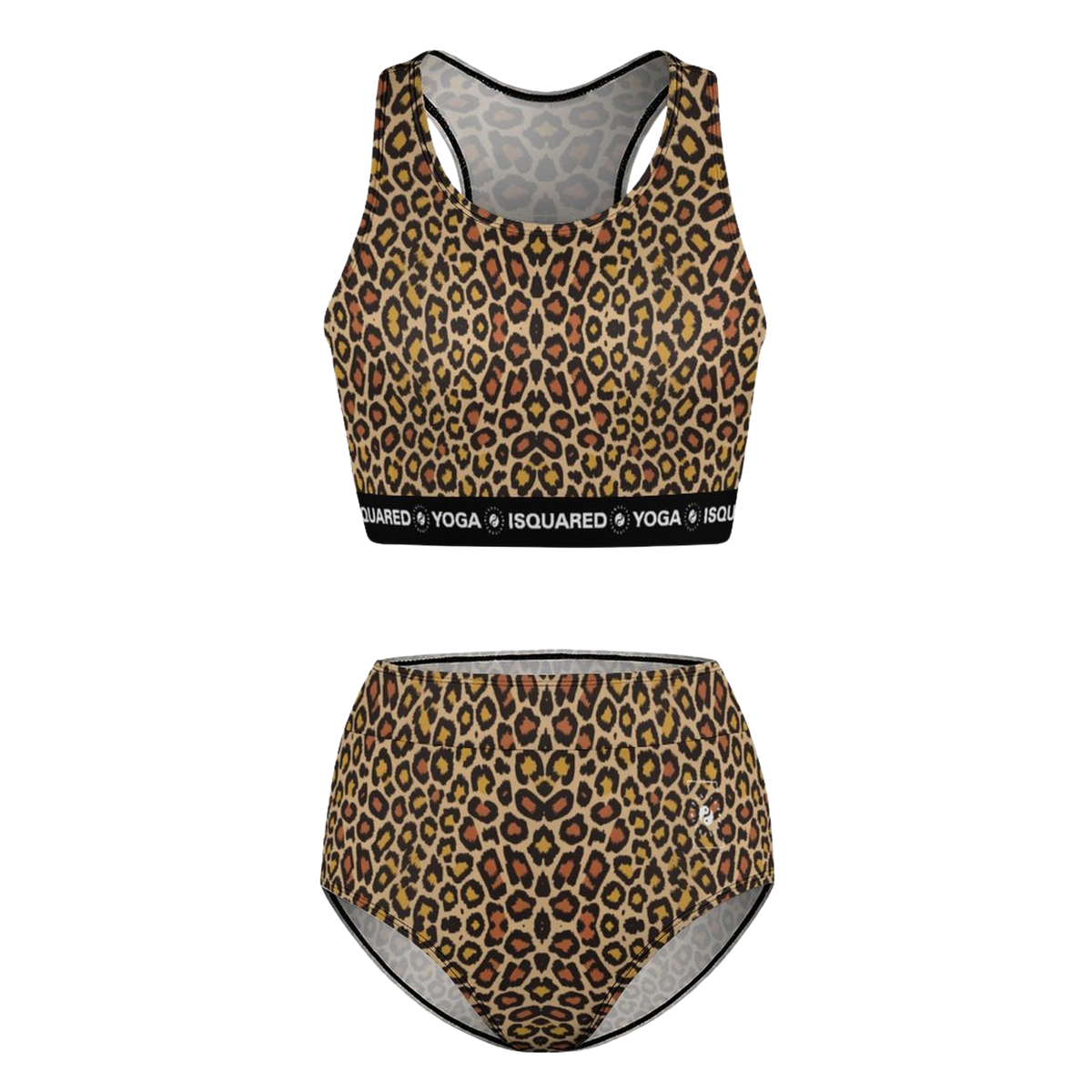 Hot yoga bikini set featuring a classic leopard print in golden and black, with a black branded waistband.