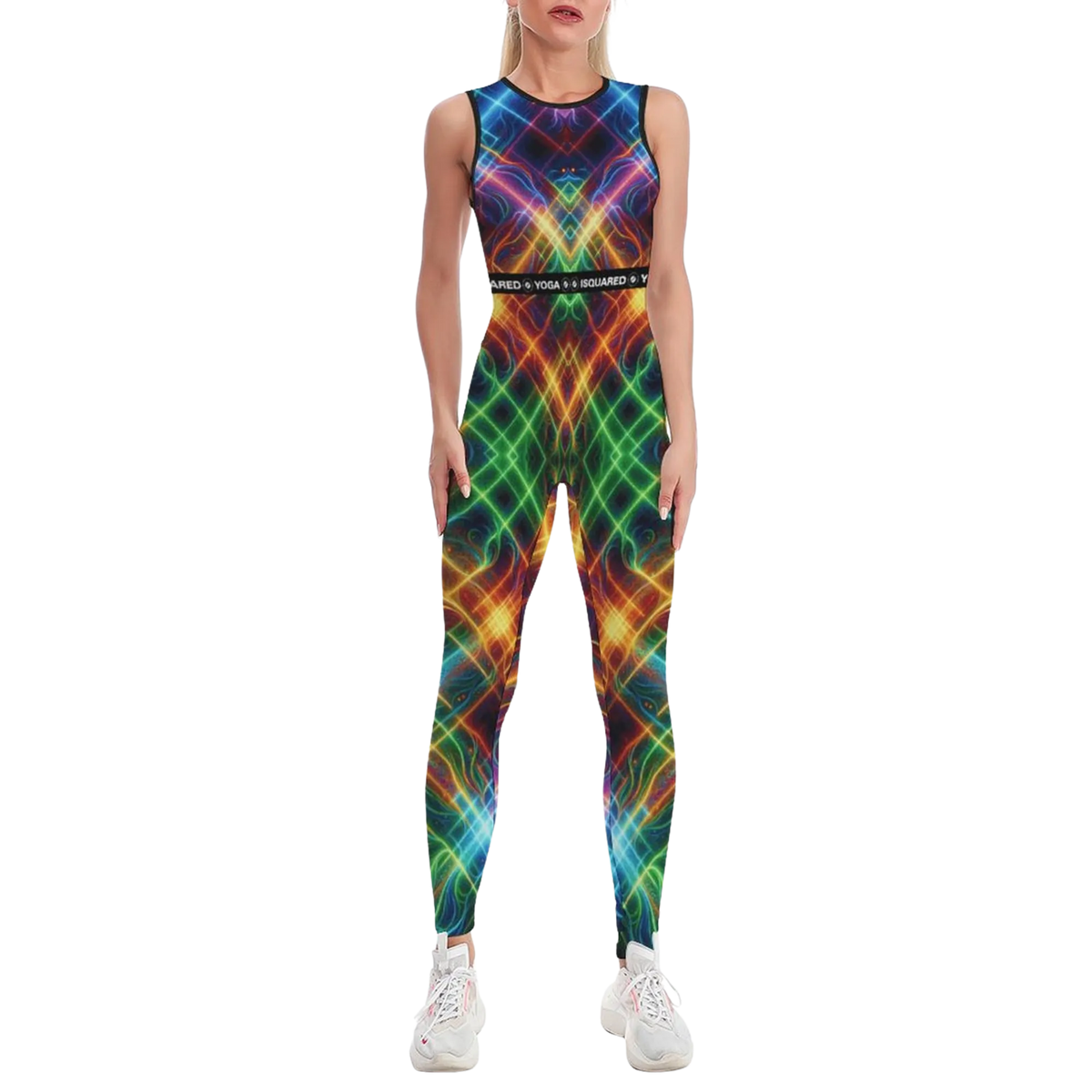 Colorful sleeveless jumpsuit featuring a vibrant abstract pattern and a fitted silhouette, paired with white sneakers.