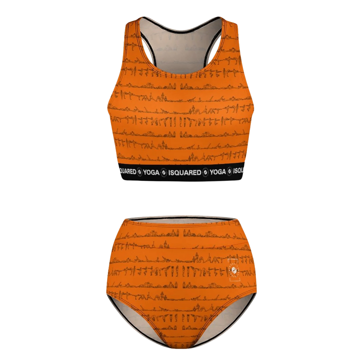 Bikram Series Hot Yoga Bikini Set in vibrant orange featuring a design of yoga poses, with a sporty black waistband.