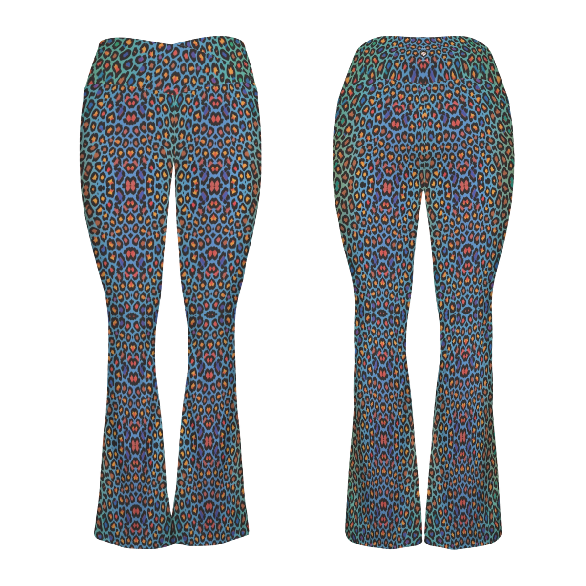 Colorful leopard print leggings with a cross-waisted design and flared legs, showcasing vibrant blues, oranges, and golds.