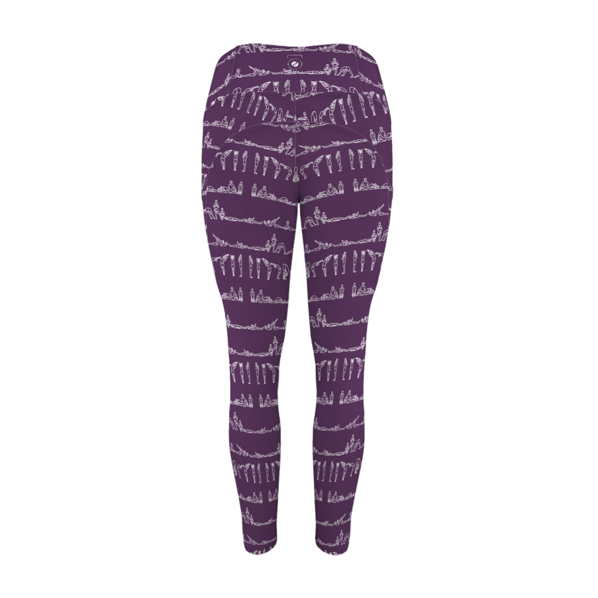 Bikram Ember pocket leggings in deep purple featuring a white yoga pose graphic pattern. High-rise fit for comfort.