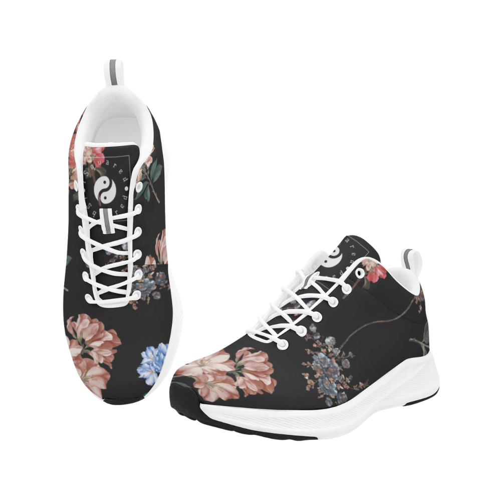 Floral-patterned iSquared Men Runners in black with white laces and a smooth rubber sole, showcasing vibrant flowers.