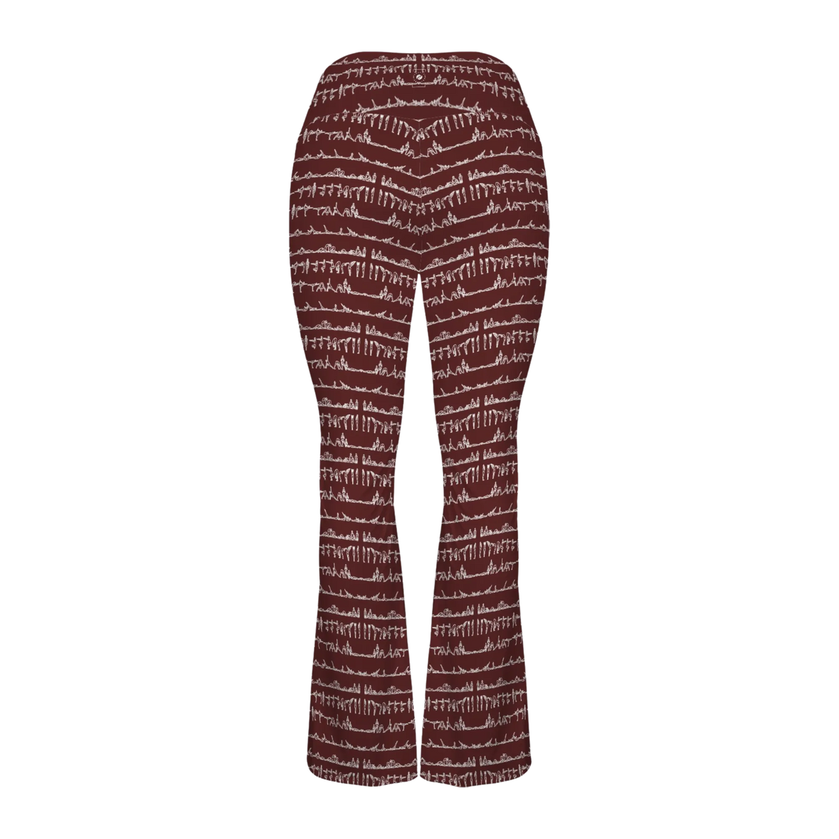 Cross waisted flare leggings in a rich burgundy with a unique white pattern, featuring a flattering silhouette and soft material.
