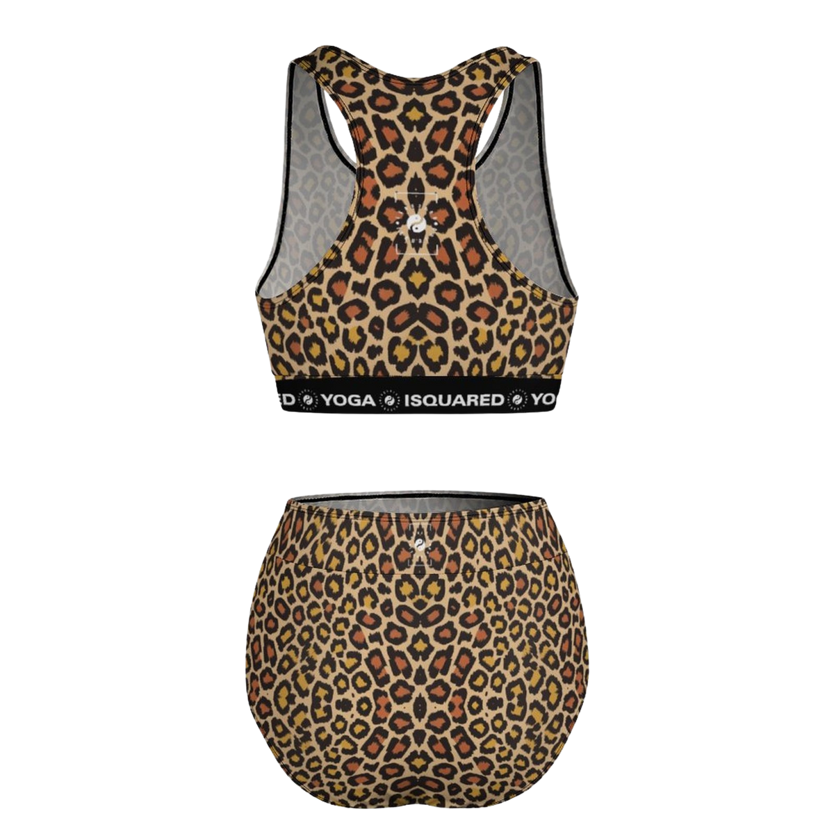Hot yoga bikini set featuring a classic leopard print in golden and black, with a sporty racerback design.