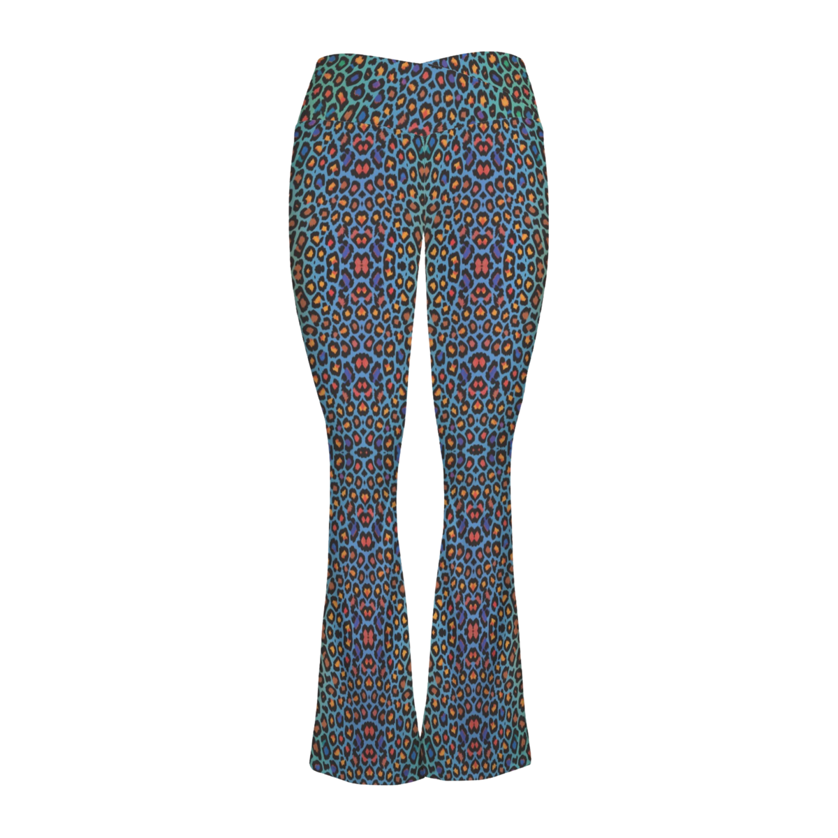 Cross waisted flair leggings featuring a vibrant leopard print in blue, green, orange, and pink hues with a flattering silhouette.