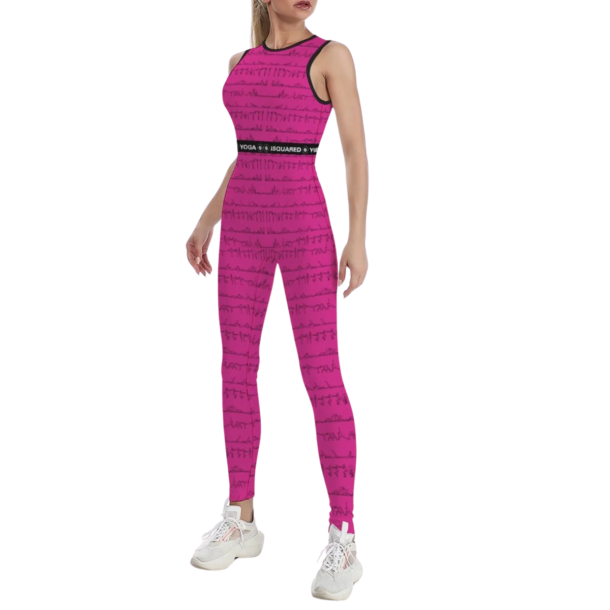 Bright pink sleeveless jumpsuit with a body-contouring fit, featuring a subtle print and a logo waistband. Worn with white sneakers.