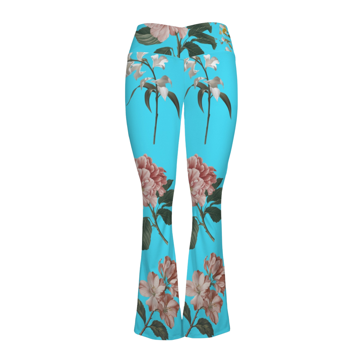 Turquoise cross-waisted flare leggings featuring a floral print with pink and white flowers. Ideal for yoga and active wear.