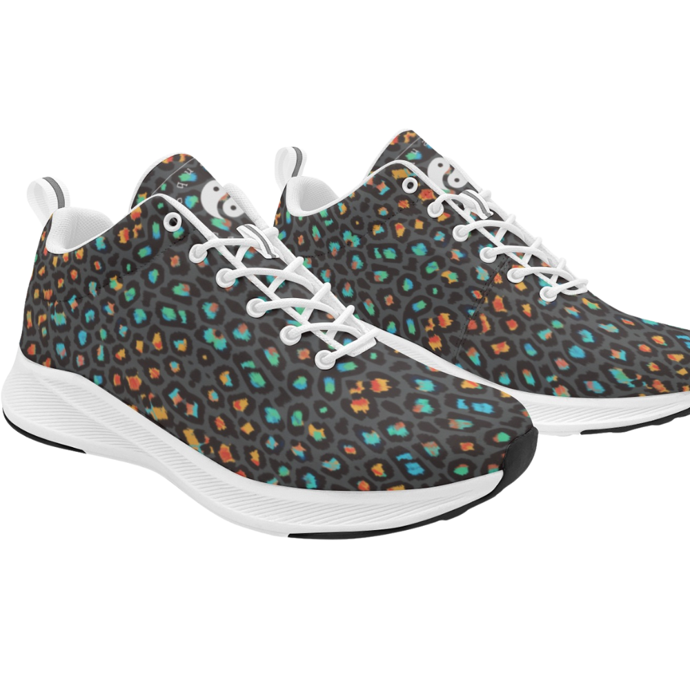 Stylish black runners featuring a colorful Wild Leopards pattern with hues of orange, blue, and green accents.