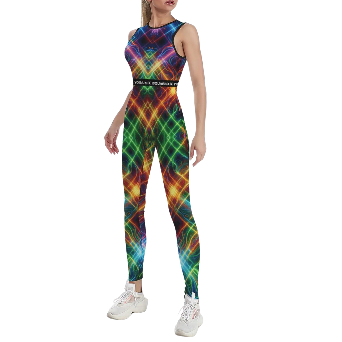 Colorful sleeveless iSquared jumpsuit featuring a vibrant, abstract pattern in green, blue, and orange.