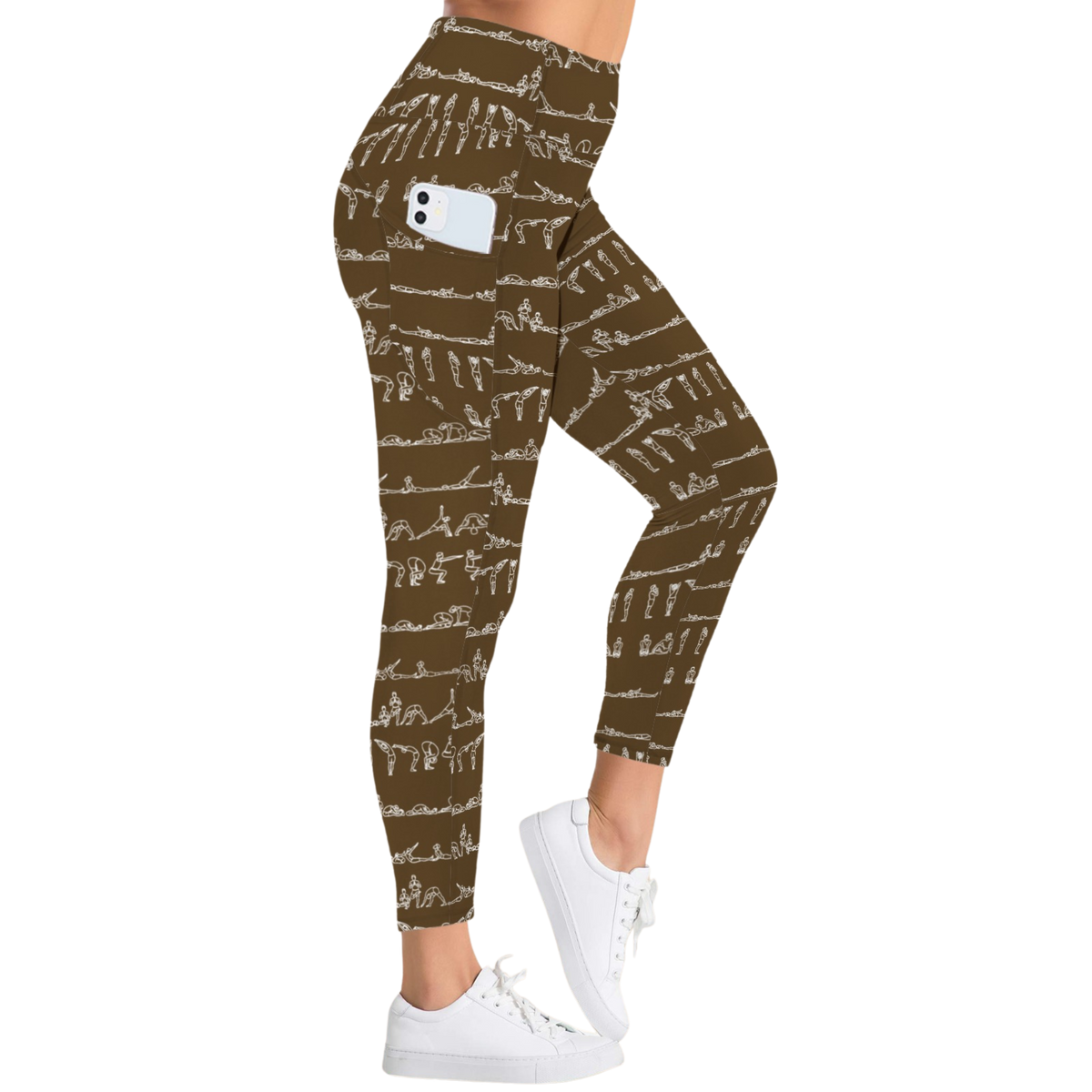 Bikram Ember pocket leggings in brown with white yoga pose graphics, high-rise fit, worn with white sneakers.