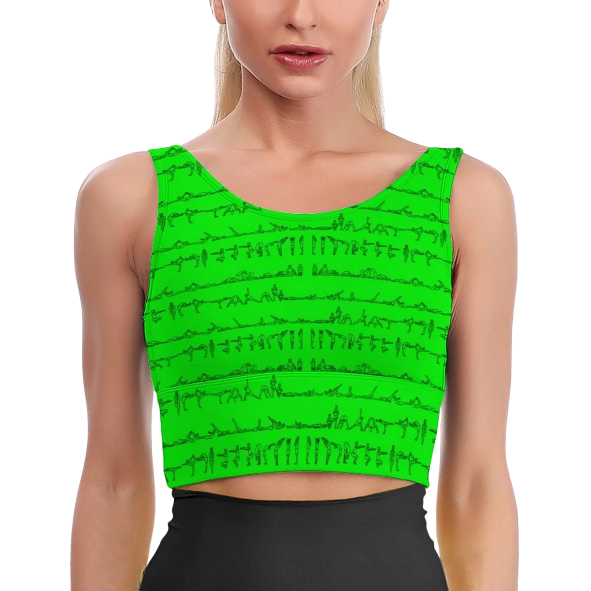 Bikram Series iSquared Crop Top with all-over yoga pose print, padded support, cropped fit, and U-back design