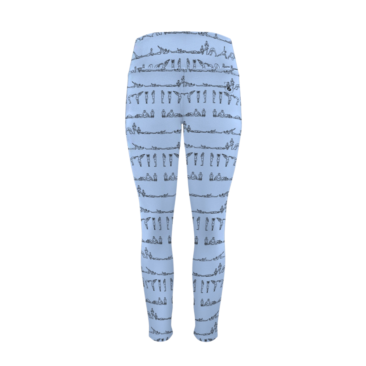 Bikram Pastel iSquared Pocket Leggings in light blue with a pattern of yoga poses, featuring high-rise waistband and side pockets.