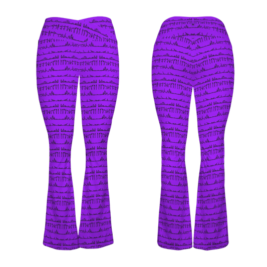 Cross waisted flare leggings in vibrant purple with artistic black yoga posture patterns. Soft, stretchy fabric perfect for yoga.