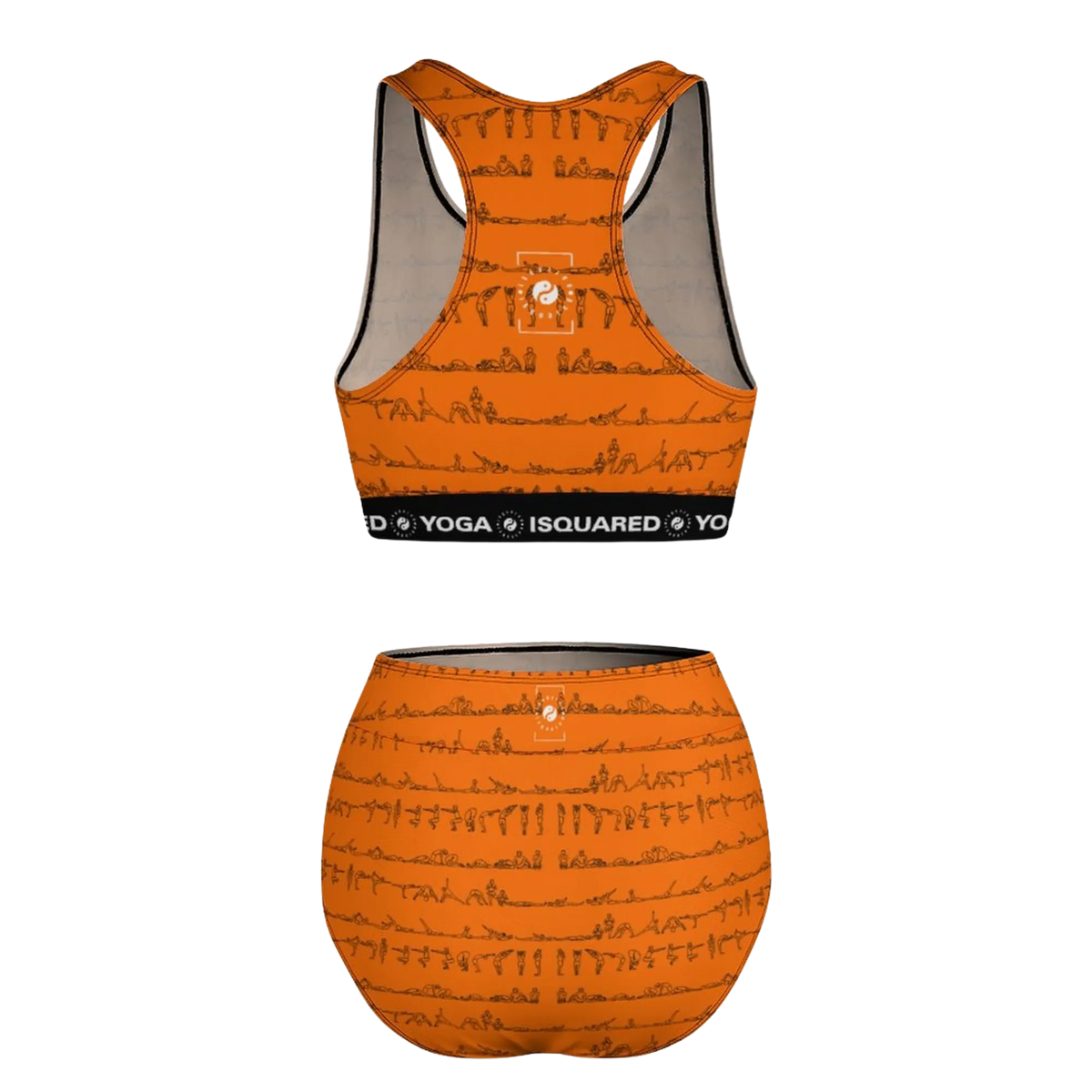 Hot Yoga Bikini Set in vibrant orange with a unique line-drawn design featuring yoga poses. Adjustable sports bra with a supportive fit.