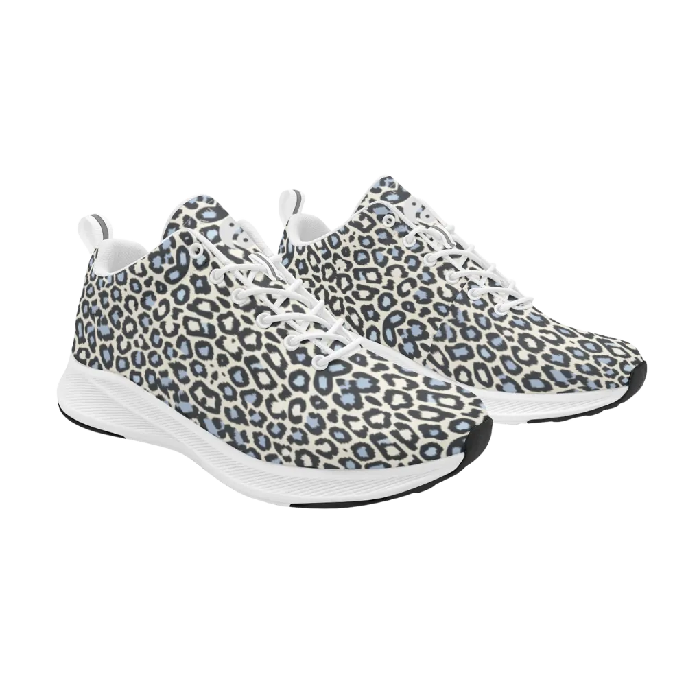 Wild Leopards design men's runners featuring a white base with gray spots and blue highlights, stylish and breathable.