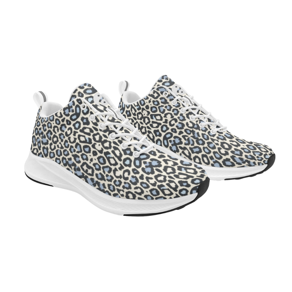 Wild Leopards design men's runners featuring a white base with gray spots and blue highlights, stylish and breathable.