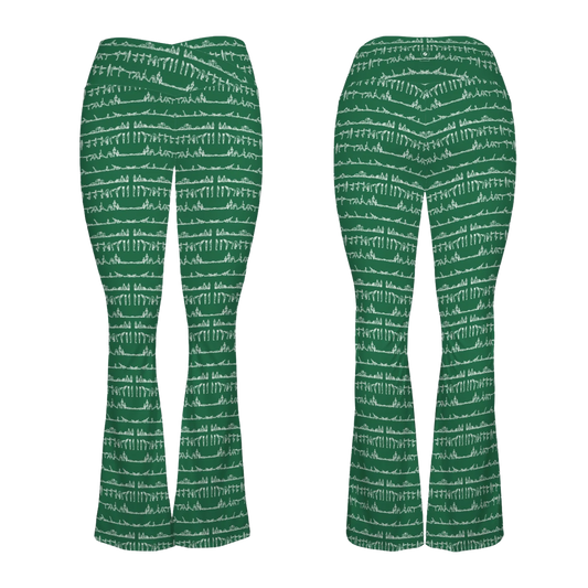 Cross waisted flare leggings in green featuring a unique white pattern and a flattering silhouette designed for yoga.