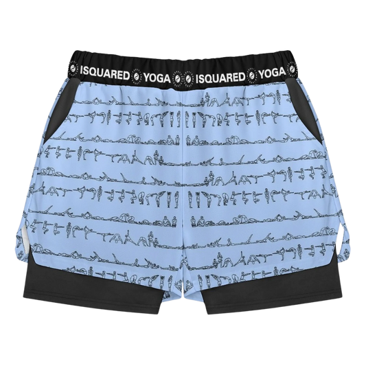 Pastel blue compression yoga shorts featuring a black waistband and printed yoga poses in a repeating pattern.