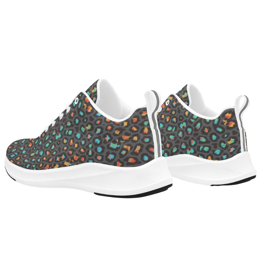 Sporty black sneakers featuring a vibrant leopard print with orange, blue, and green accents, designed for comfort and style.