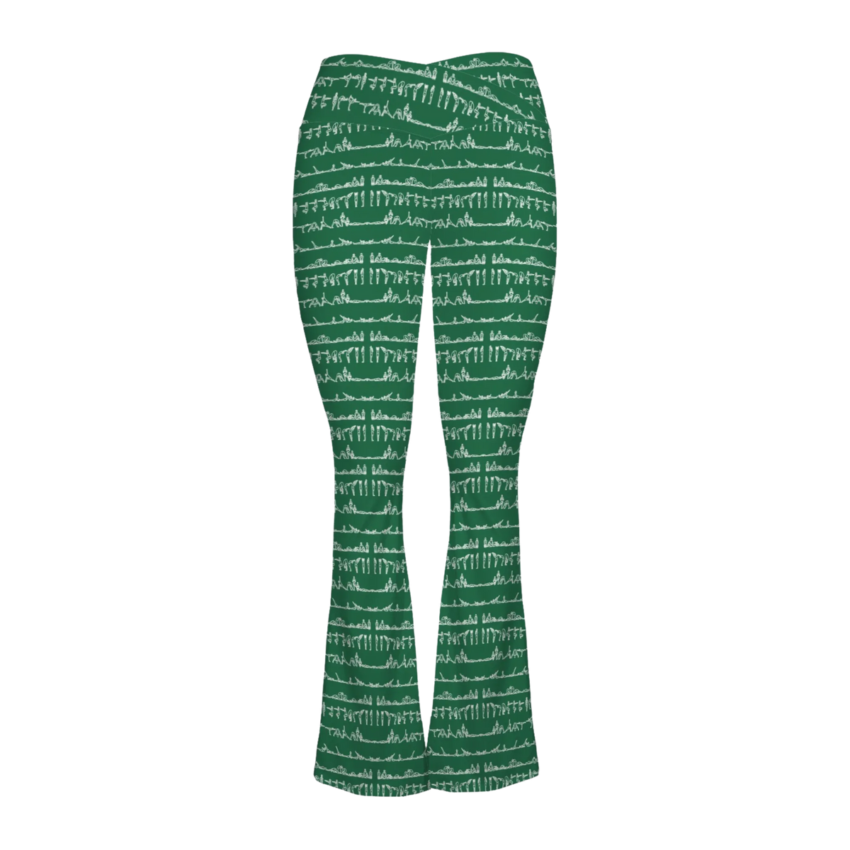 Flare leggings in green with a white abstract pattern, featuring a crossover waistband and a flattering fit.