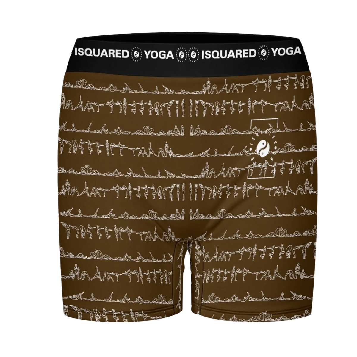 Unisex iSquared Yoga Shorts in a rich brown color with white yoga pose graphics, featuring a black elastic waistband.