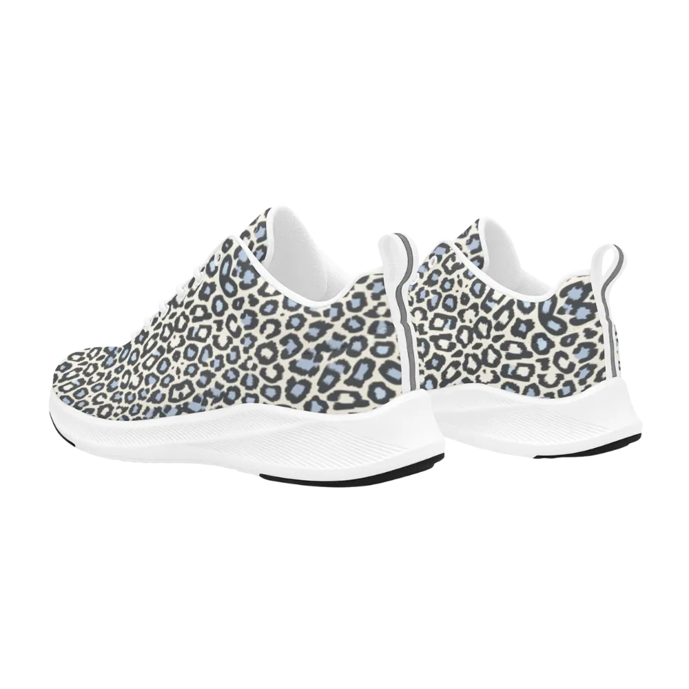 White sneakers featuring a blue and black leopard print pattern, with a sleek, breathable design and cushioned sole.